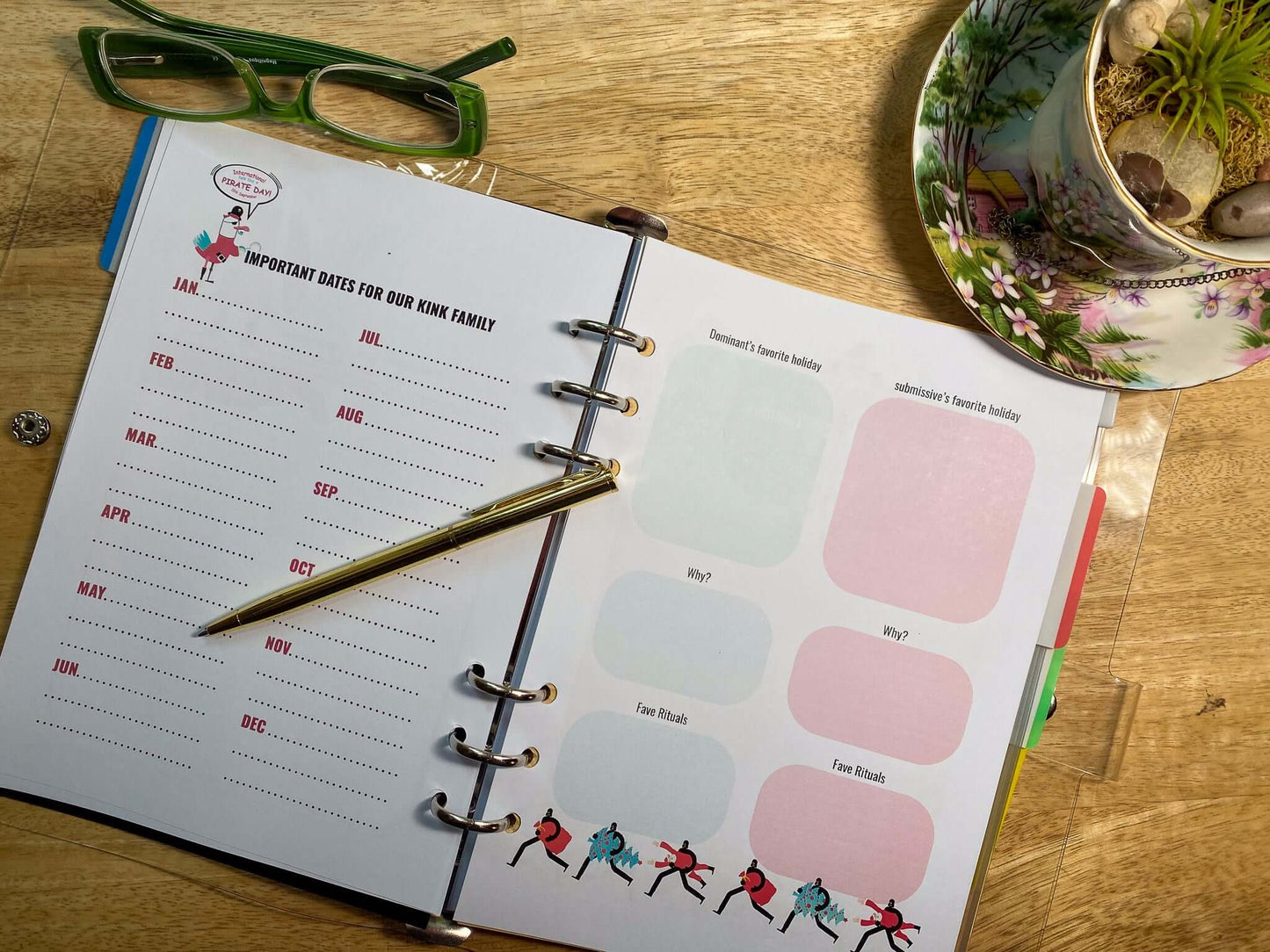 Open pages of a colorful BDSM lifestyle organization book showing important dates and templates for kink families.