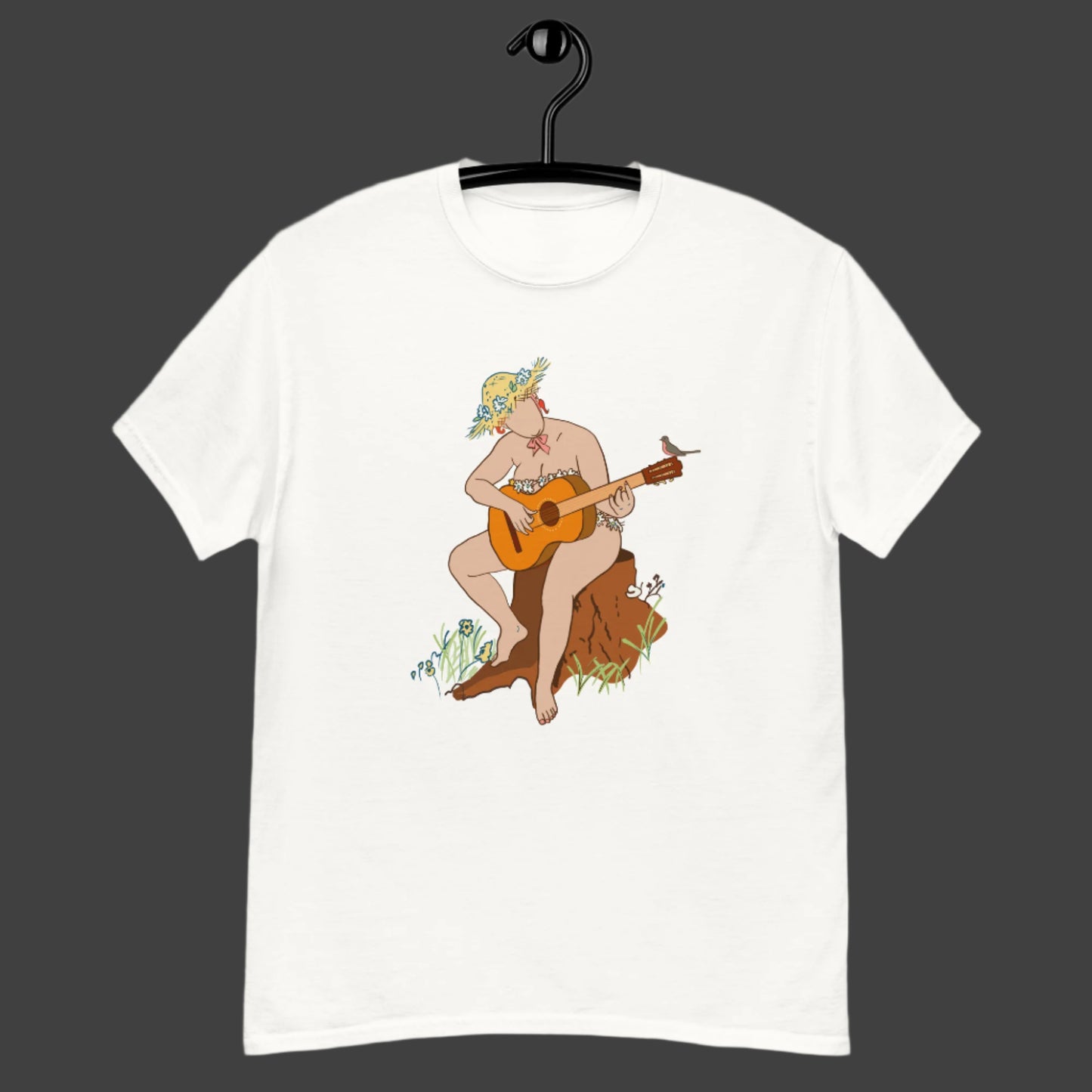 Hildy Playing Guitar T-Shirt design on a white background.