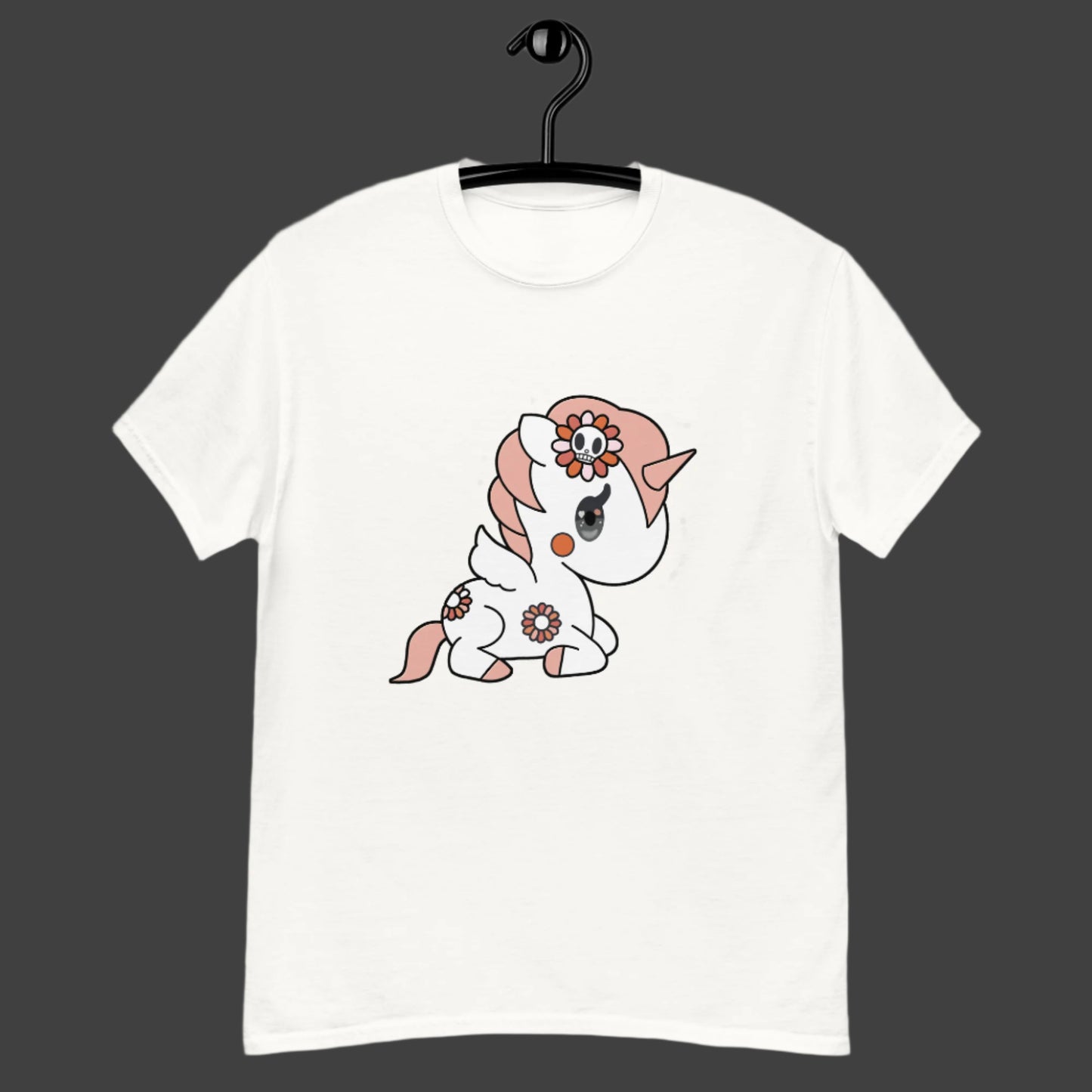 Chibi Unicorn T-Shirt design featuring a cute unicorn with flowers on a white background.