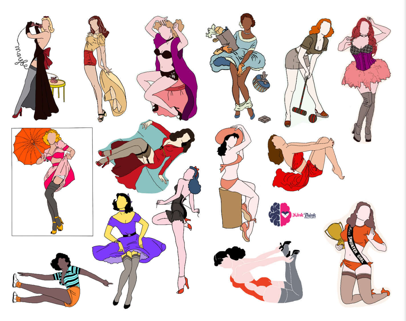 Pin-up aficionados will love our KinkThink Factory Girls, available now in decal form. From Abby to Zelda, our traditional and modern pin-up girls will knock the cocks right off your socks! 2 sheets/15 decals