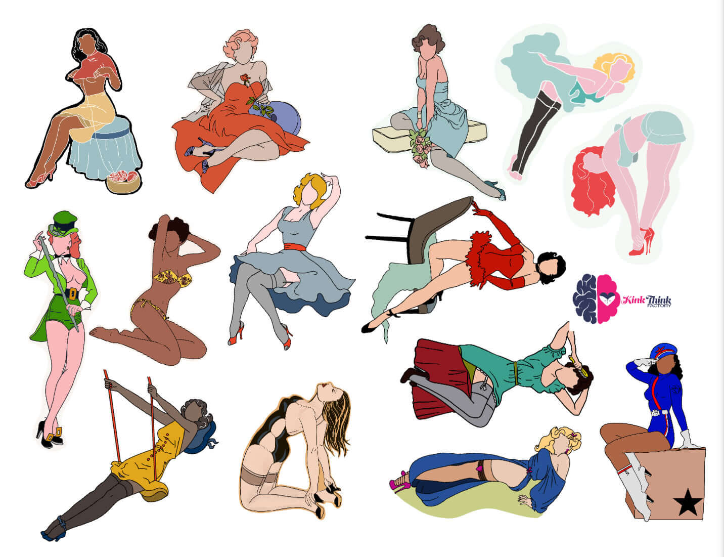 Pin-up aficionados will love our KinkThink Factory Girls, available now in decal form. From Abby to Zelda, our traditional and modern pin-up girls will knock the cocks right off your socks! 2 sheets/14 decals