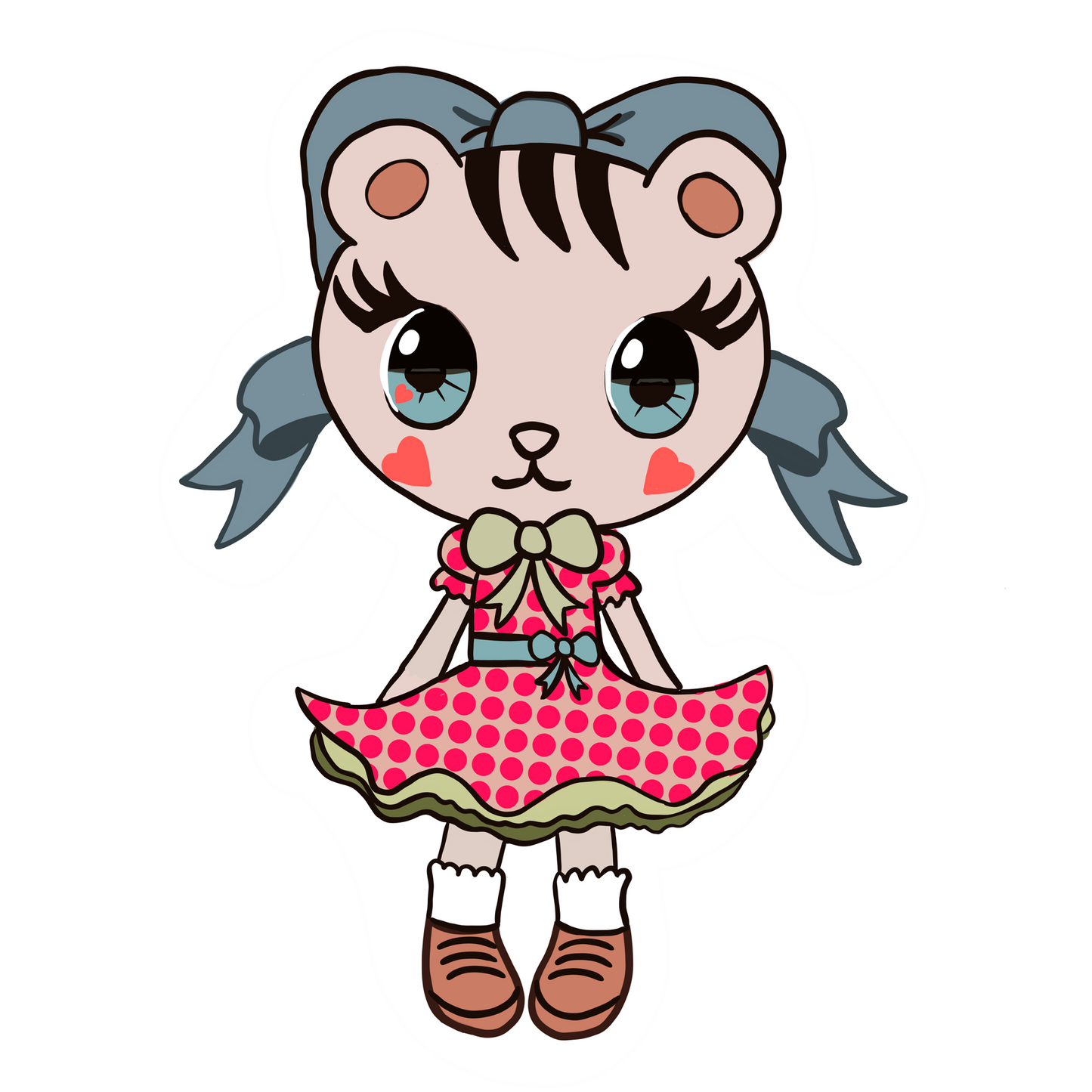 Cute kitty girl chibi in a die-cut sticker. Measures approx. 4" tall by 3" wide. Made from adhesive vinyl.