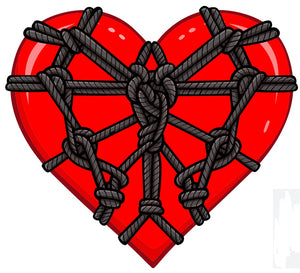 Calling all rope bunnies! Our bondage heart die-cut is made of adhesive vinyl and measures approx. 3" wide by 3" tall.