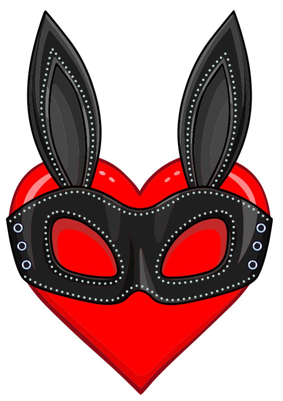 Red heart with black bunny mask overlay. Made of adhesive vinyl; measures approx. 3