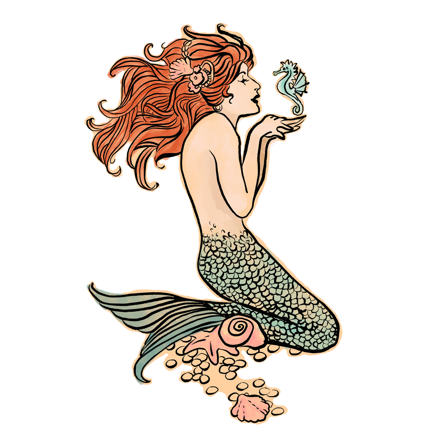Die-cut sticker of a mermaid with a little seahorse buddy. Made of adhesive vinyl. Measures approx. 4" tall by 2.5" wide.