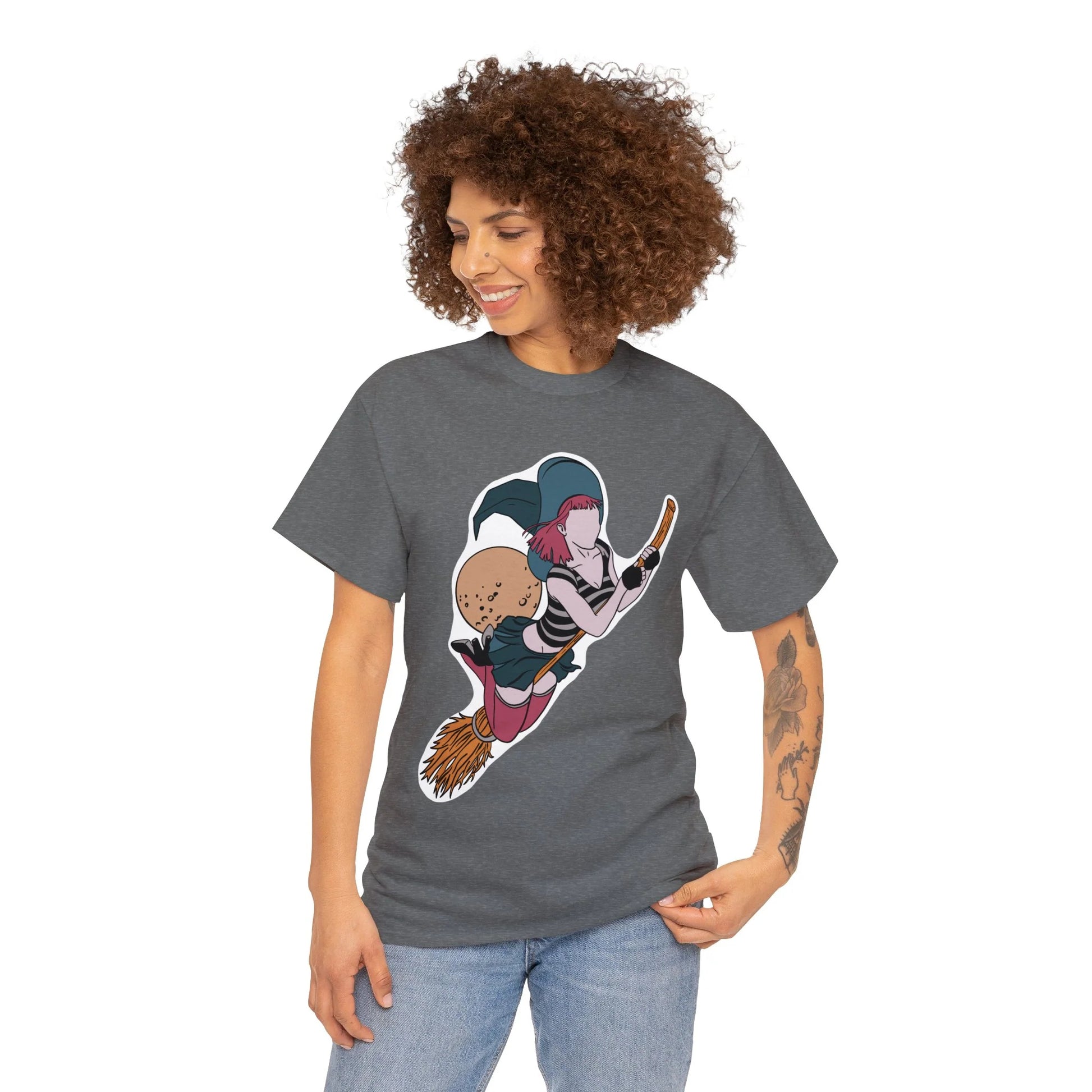 Kiki the Witch on Graphite Heather Cotton T-Shirt on model