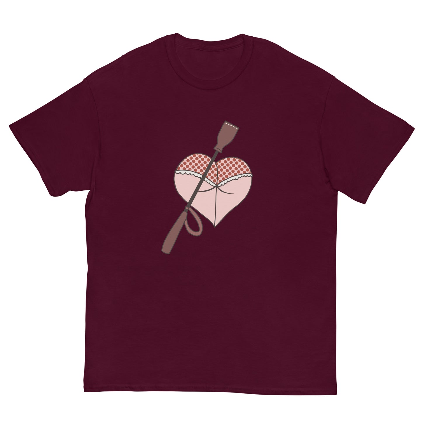 Heart Shaped Butt T-Shirt design on a maroon background.