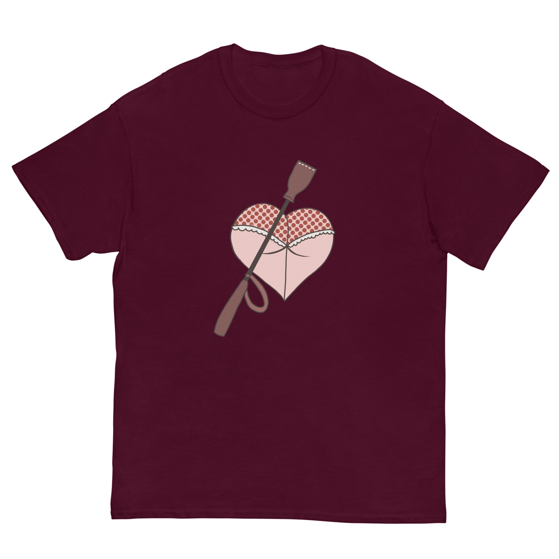 Heart Shaped Butt T-Shirt design on a maroon background.