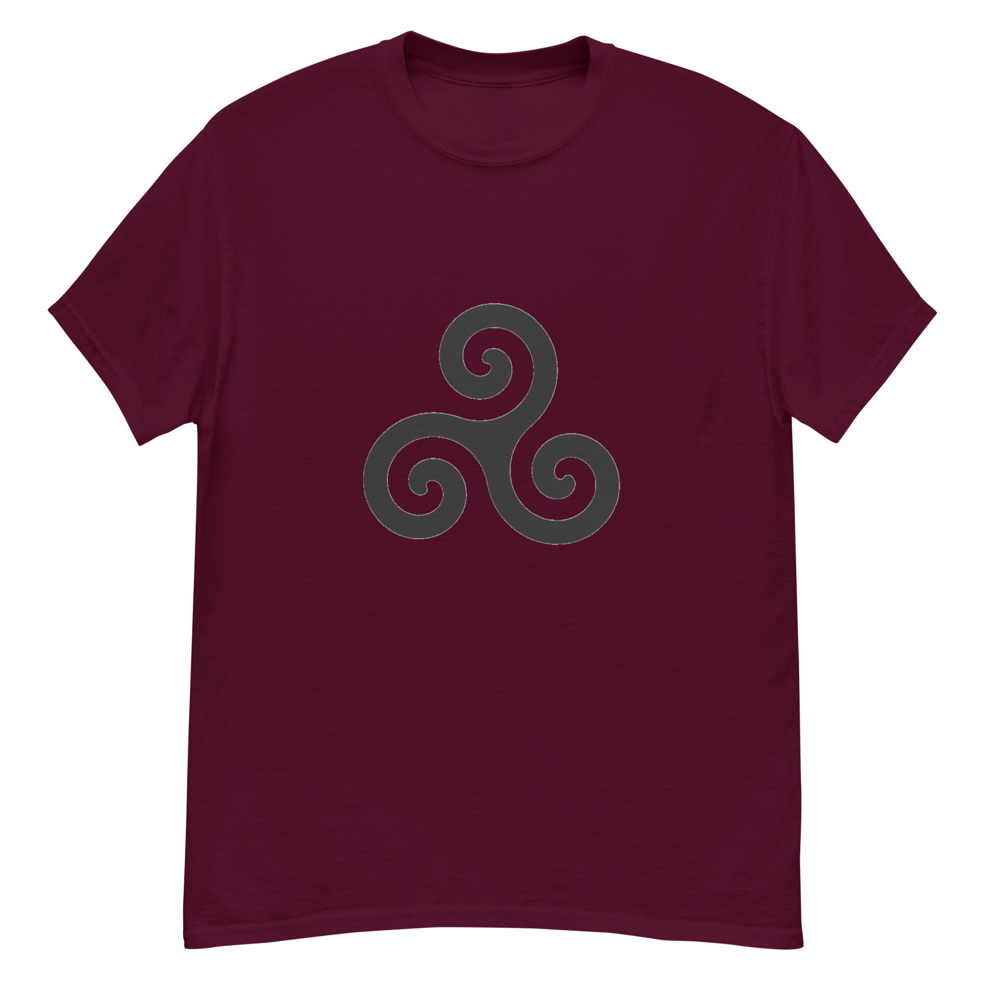 Triskelion T-Shirt design on a maroon background.