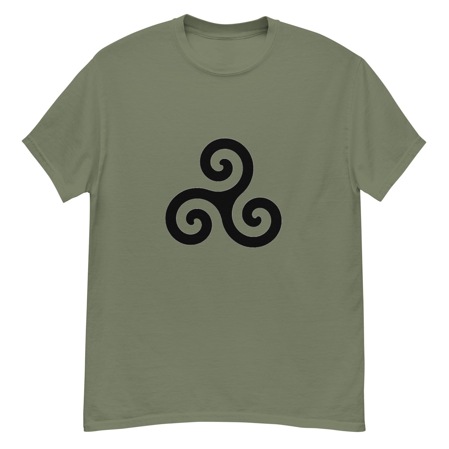 Triskelion T-Shirt design on a green background.