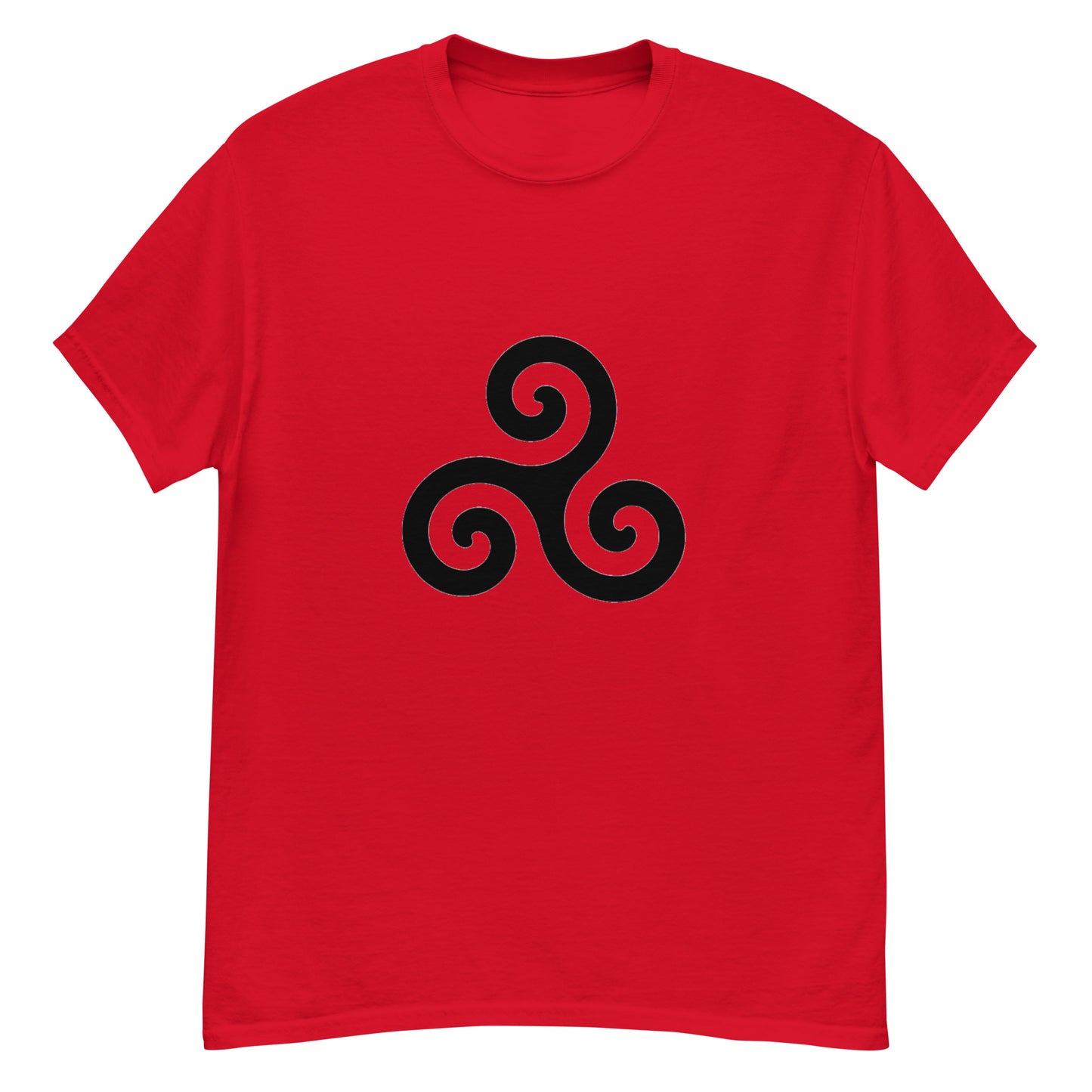 Triskelion T-Shirt design on a red background.