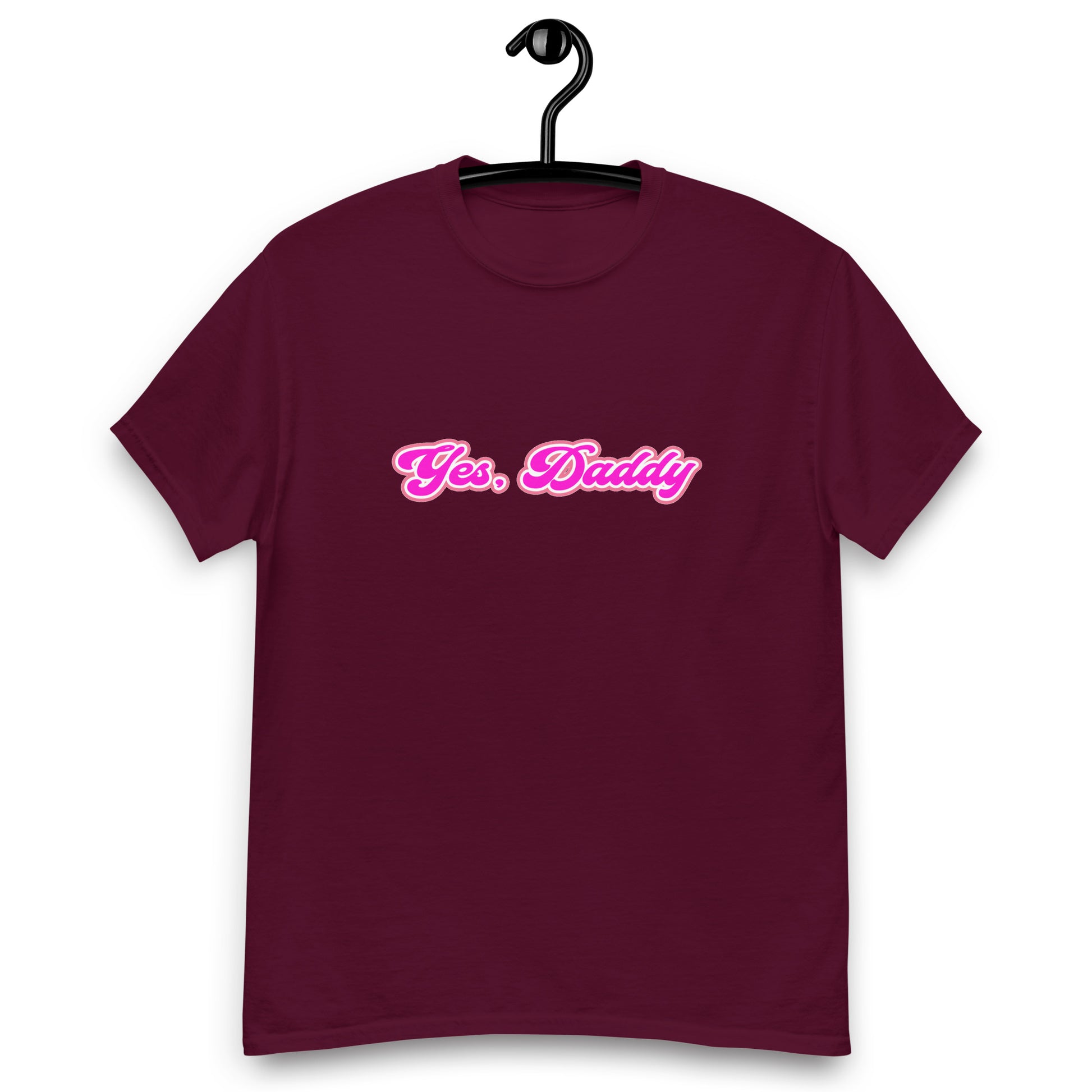 "Yes, Daddy" T-Shirt design on a maroon background.