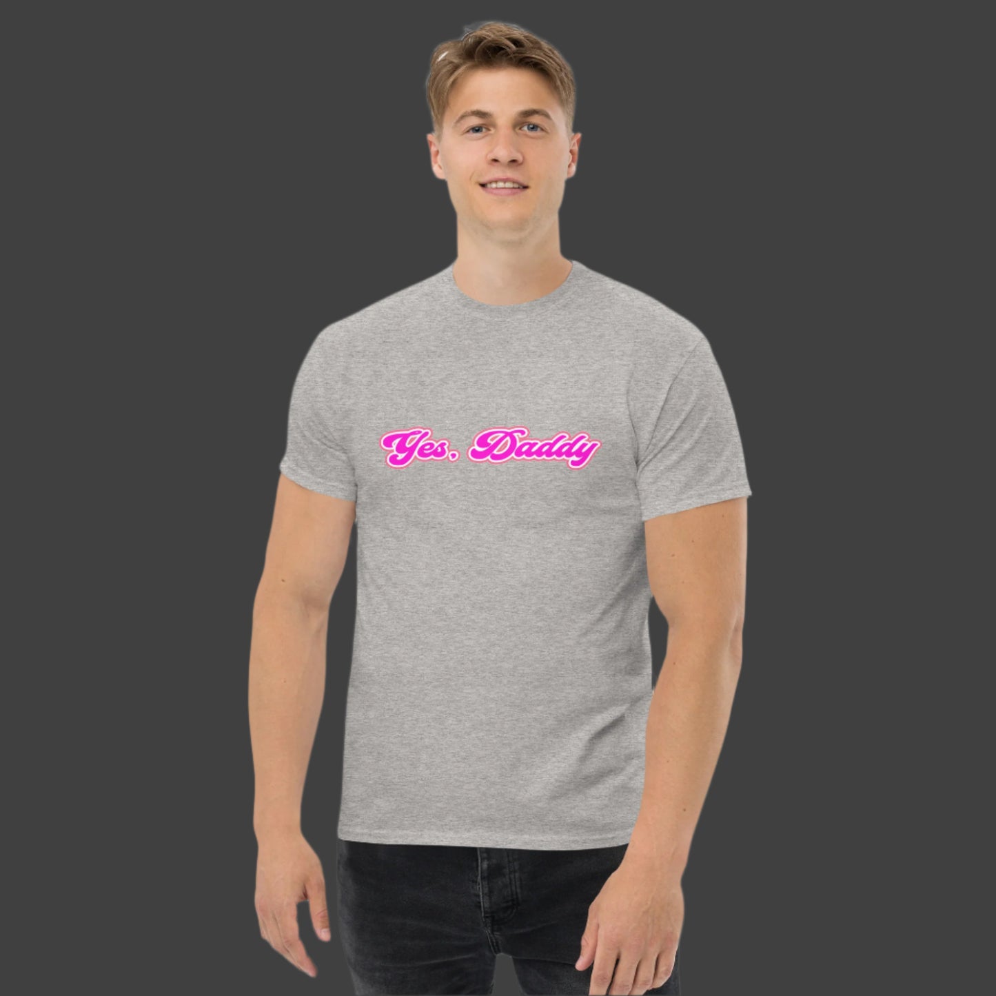 "Yes, Daddy" T-Shirt design on a grey background.