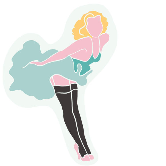 Pin-up aficionados and nostalgia nerds will love our KinkThink Factory Girls, available now in sticker form. From Abby to Zelda, our traditional and modern pin-up girls will knock the cocks right off   your socks!<br/>This 'Marilyn' die-cut sticker measures approx. 5