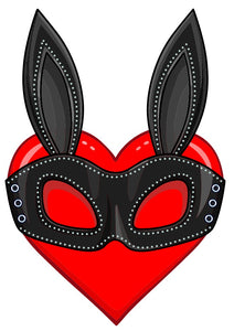 Red heart with black bunny mask overlay. Made of adhesive vinyl; measures approx. 3" wide by 4" tall.