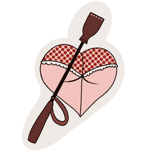 Die-cut adhesive vinyl sticker of a heart-shaped butt with a crop. Measures approx. 4" tall by 2.5" wide.
