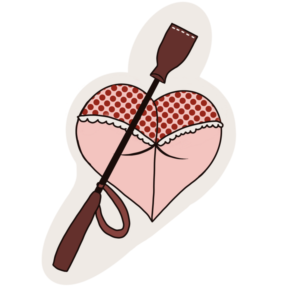 Die-cut adhesive vinyl sticker of a heart-shaped butt with a crop. Measures approx. 4
