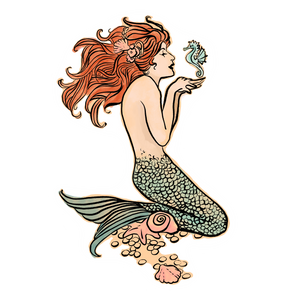 Die-cut sticker of a mermaid with a little seahorse buddy. Made of adhesive vinyl. Measures approx. 4" tall by 2.5" wide.  