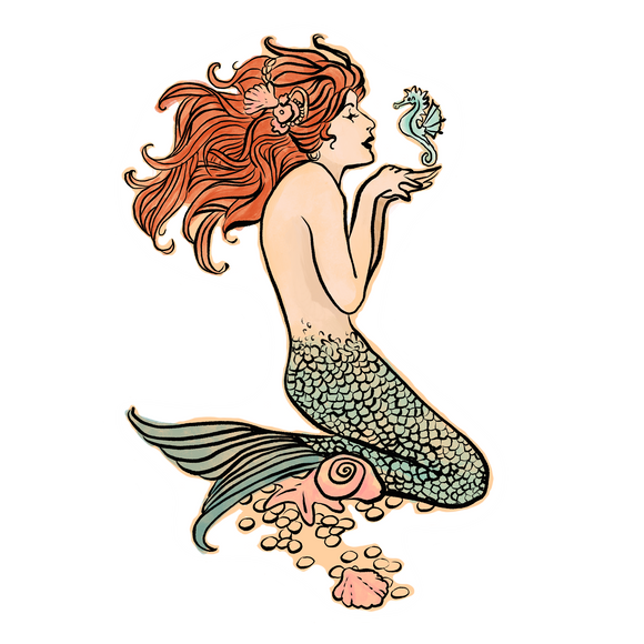 Die-cut sticker of a mermaid with a little seahorse buddy. Made of adhesive vinyl. Measures approx. 4
