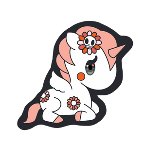 Cute unicorn chibi die-cut sticker measures approx. 4" wide by 4" tall and is made from adhesive vinyl.